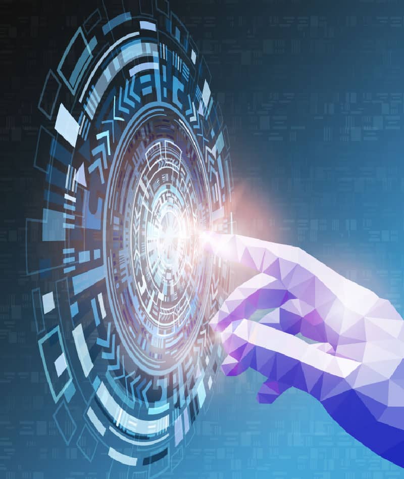 A hand reaching toward a glowing digital interface.