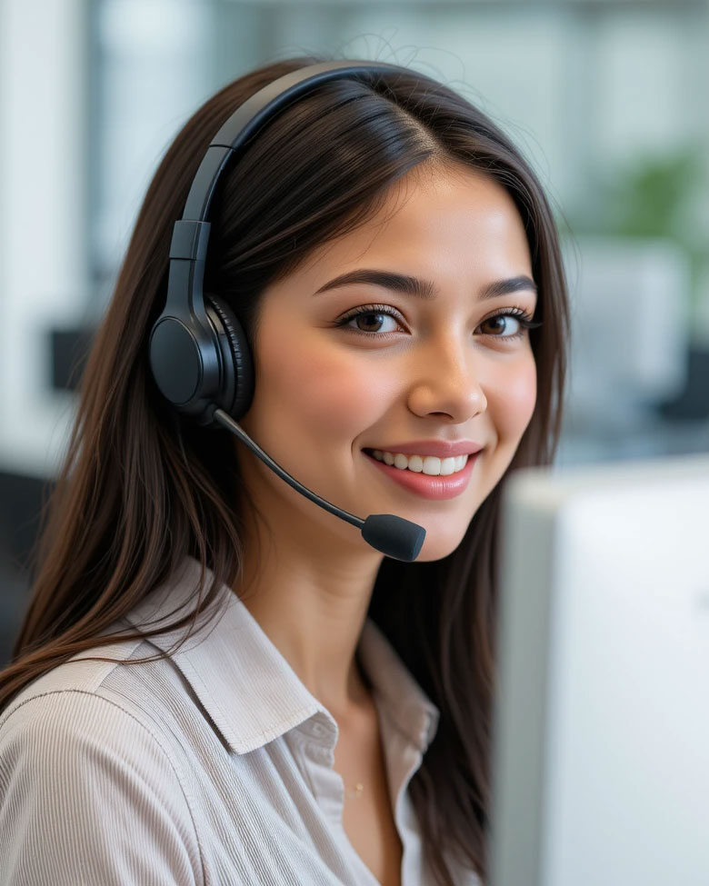 A support representative wearing a headset, smiling.