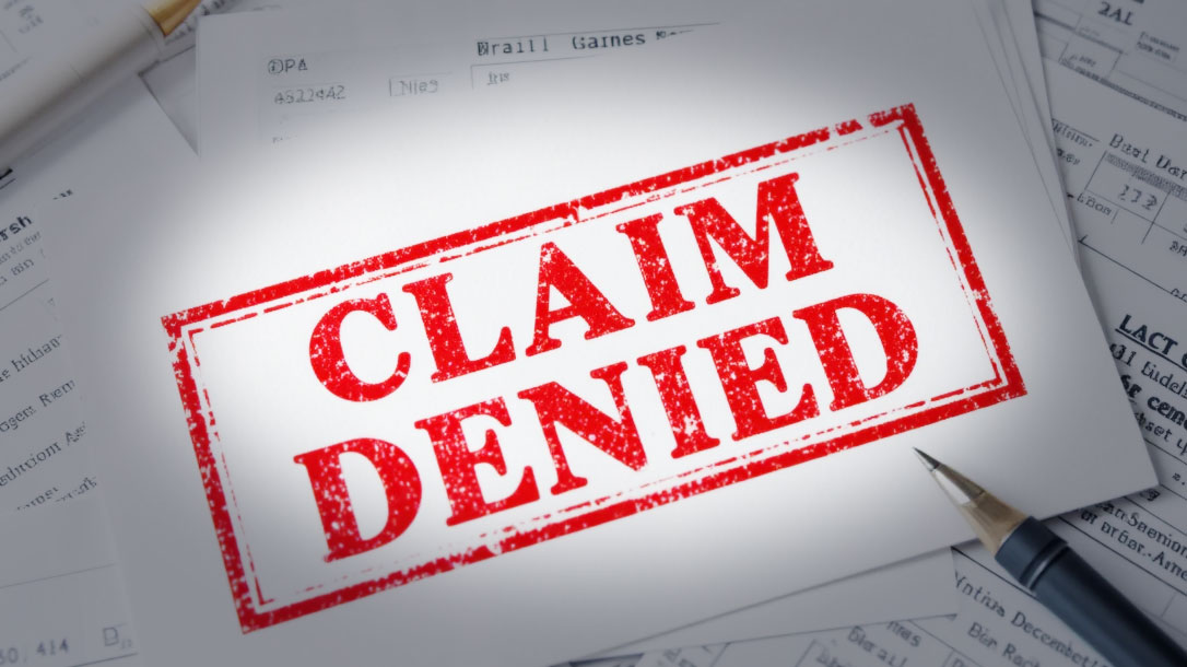 A VA claim form stamped CLAIM DENIED in red.