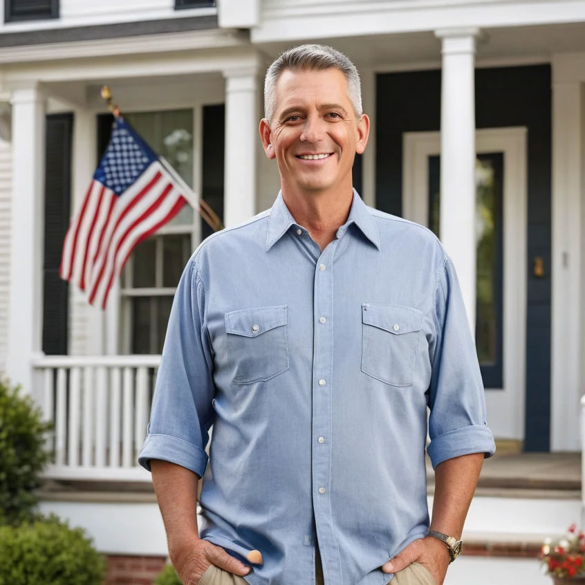 A man in a light blue shirt standing on a porch beside an American flag.