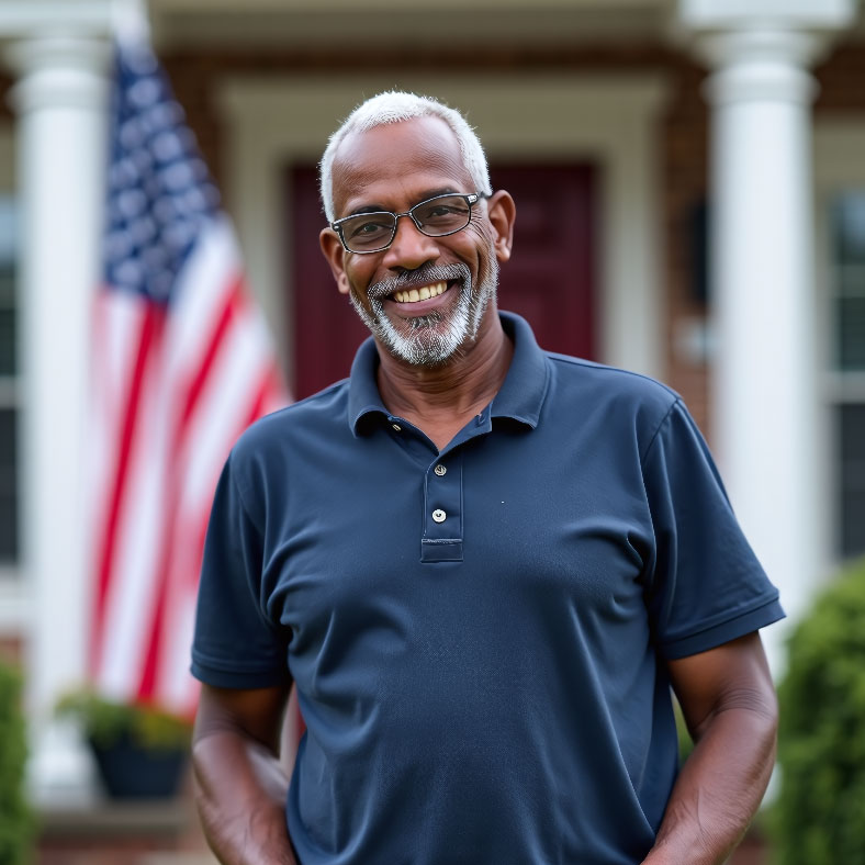A smiling older veteran in a navy polo in front of a flag-draped porch.