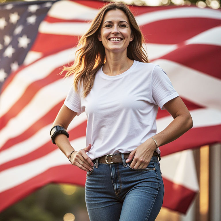 A woman in a white shirt smiling in front of a large American flag.