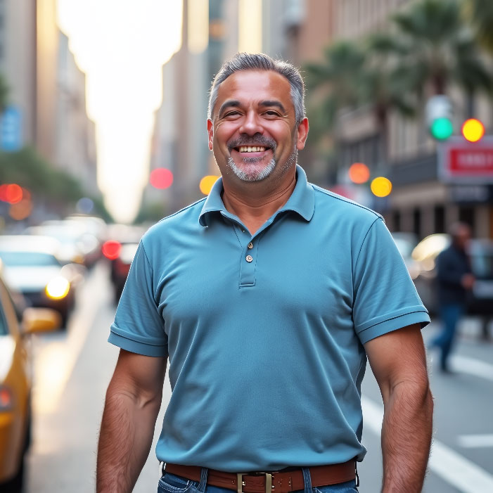 A Veteran Service Officer in a blue polo on a city street.